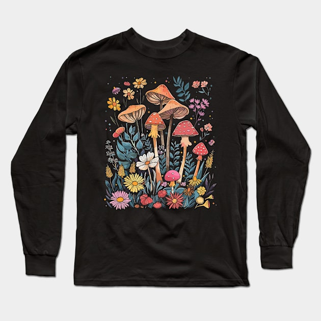 Mushrooms And Cozy Purple Flowers For Mushroom Lovers and Garden Floral Motifs Art Long Sleeve T-Shirt by RetroZin